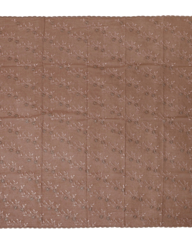 Coffee Brown Traditional Sudanese Thobe Fabric with Rose Gold & Bronze Floral Embroidery, Pure Cotton Voile, 4.5 Mtrs Length, 140 Cms Width, Made in India-D26398