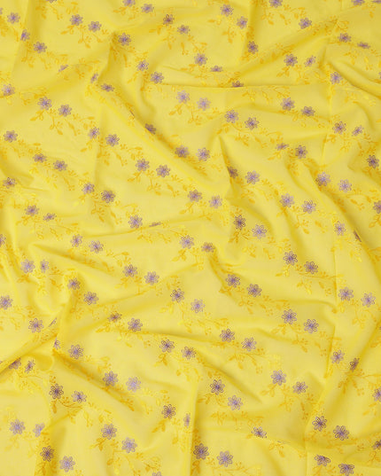 Bright Yellow Traditional Sudanese Thobe Fabric with Lavender & Gold Floral Embroidery, Pure Cotton Voile, 4.5 Mtrs Length, 140 Cms Width, Made in India-D26396