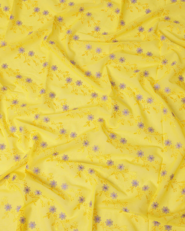 Bright Yellow Traditional Sudanese Thobe Fabric with Lavender & Gold Floral Embroidery, Pure Cotton Voile, 4.5 Mtrs Length, 140 Cms Width, Made in India-D26396