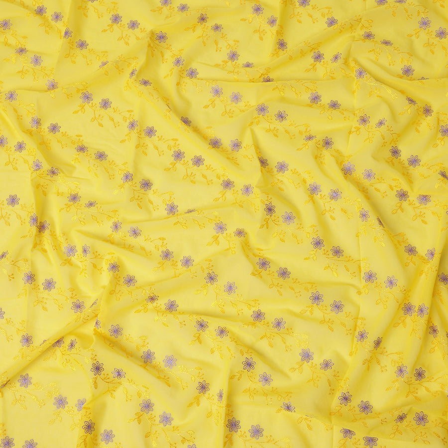 Bright Yellow Traditional Sudanese Thobe Fabric with Lavender & Gold Floral Embroidery, Pure Cotton Voile, 4.5 Mtrs Length, 140 Cms Width, Made in India-D26396