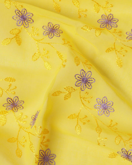 Bright Yellow Traditional Sudanese Thobe Fabric with Lavender & Gold Floral Embroidery, Pure Cotton Voile, 4.5 Mtrs Length, 140 Cms Width, Made in India-D26396