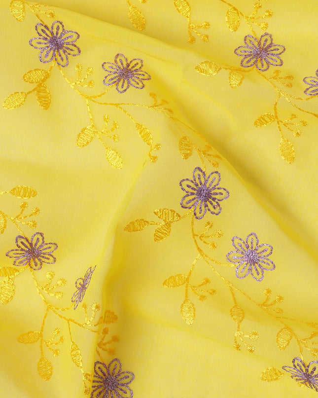 Bright Yellow Traditional Sudanese Thobe Fabric with Lavender & Gold Floral Embroidery, Pure Cotton Voile, 4.5 Mtrs Length, 140 Cms Width, Made in India-D26396