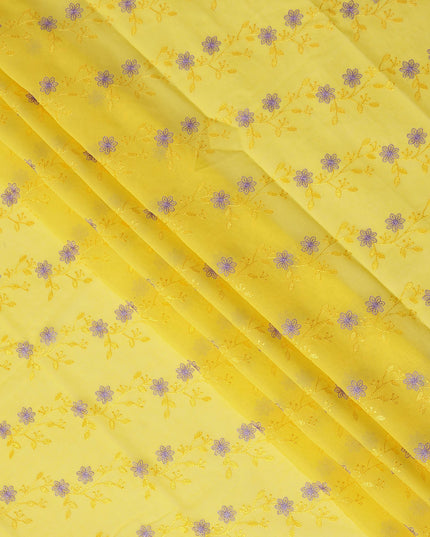 Bright Yellow Traditional Sudanese Thobe Fabric with Lavender & Gold Floral Embroidery, Pure Cotton Voile, 4.5 Mtrs Length, 140 Cms Width, Made in India-D26396