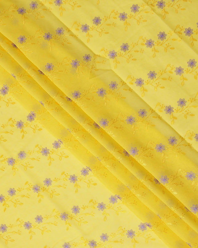 Bright Yellow Traditional Sudanese Thobe Fabric with Lavender & Gold Floral Embroidery, Pure Cotton Voile, 4.5 Mtrs Length, 140 Cms Width, Made in India-D26396