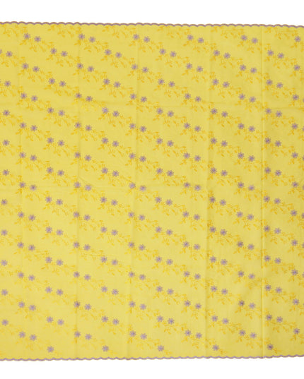 Bright Yellow Traditional Sudanese Thobe Fabric with Lavender & Gold Floral Embroidery, Pure Cotton Voile, 4.5 Mtrs Length, 140 Cms Width, Made in India-D26396