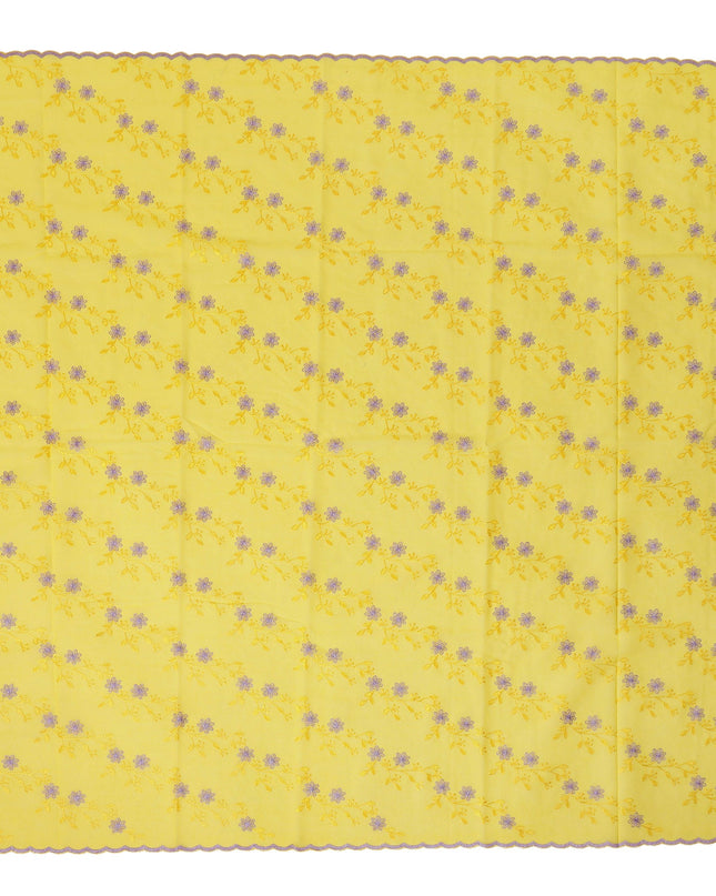 Bright Yellow Traditional Sudanese Thobe Fabric with Lavender & Gold Floral Embroidery, Pure Cotton Voile, 4.5 Mtrs Length, 140 Cms Width, Made in India-D26396