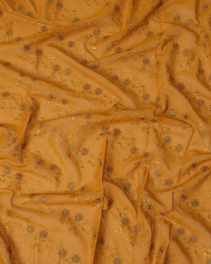 Mustard Yellow Traditional Sudanese Thobe Fabric with Gold & Bronze Floral Embroidery, Pure Cotton Voile, 4.5 Mtrs Length, 140 Cms Width, Made in India-D26395