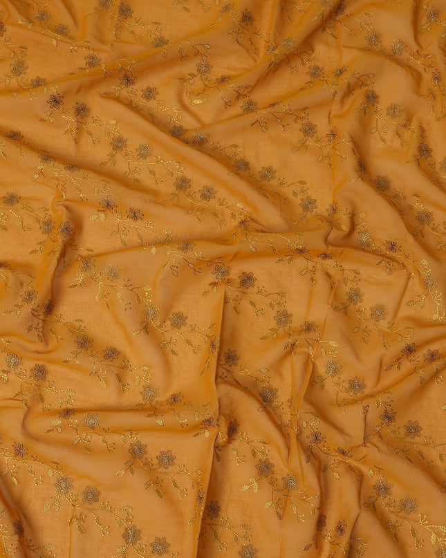 Mustard Yellow Traditional Sudanese Thobe Fabric with Gold & Bronze Floral Embroidery, Pure Cotton Voile, 4.5 Mtrs Length, 140 Cms Width, Made in India-D26395