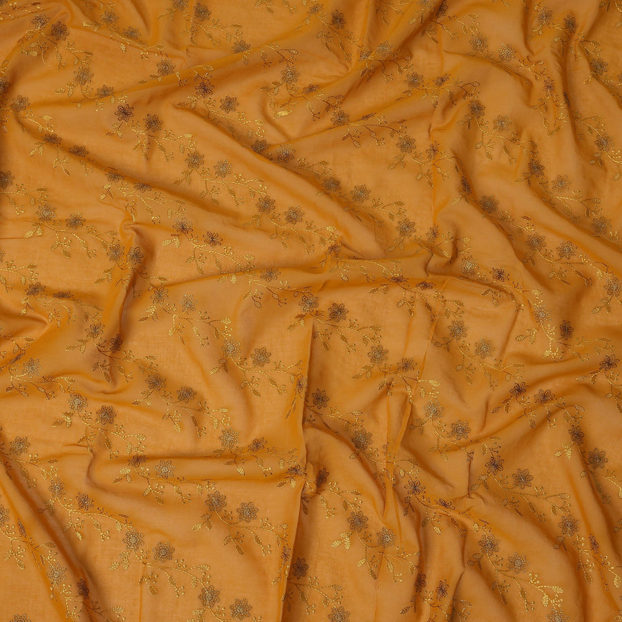Mustard Yellow Traditional Sudanese Thobe Fabric with Gold & Bronze Floral Embroidery, Pure Cotton Voile, 4.5 Mtrs Length, 140 Cms Width, Made in India-D26395