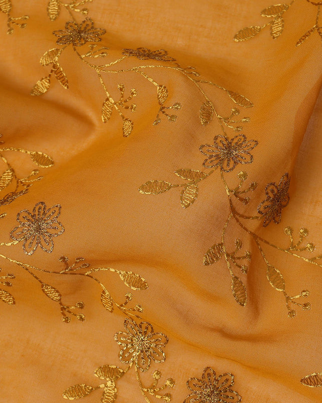 Mustard Yellow Traditional Sudanese Thobe Fabric with Gold & Bronze Floral Embroidery, Pure Cotton Voile, 4.5 Mtrs Length, 140 Cms Width, Made in India-D26395