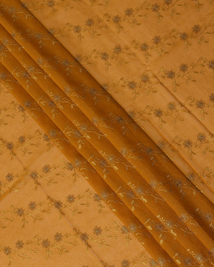 Mustard Yellow Traditional Sudanese Thobe Fabric with Gold & Bronze Floral Embroidery, Pure Cotton Voile, 4.5 Mtrs Length, 140 Cms Width, Made in India-D26395
