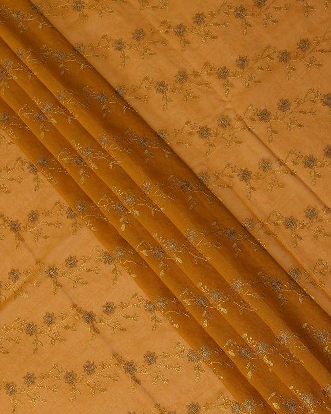 Mustard Yellow Traditional Sudanese Thobe Fabric with Gold & Bronze Floral Embroidery, Pure Cotton Voile, 4.5 Mtrs Length, 140 Cms Width, Made in India-D26395