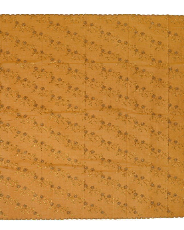 Mustard Yellow Traditional Sudanese Thobe Fabric with Gold & Bronze Floral Embroidery, Pure Cotton Voile, 4.5 Mtrs Length, 140 Cms Width, Made in India-D26395