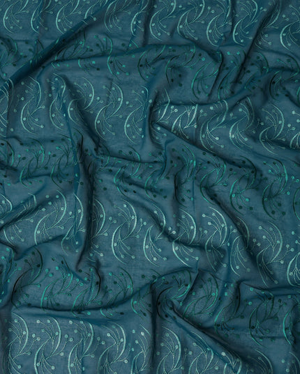 Teal Green Traditional Sudanese Thobe Fabric with Dual-Tone Green Embroidery, Pure Cotton Voile, 4.5 Mtrs Length, 140 Cms Width, Made in India-D26389