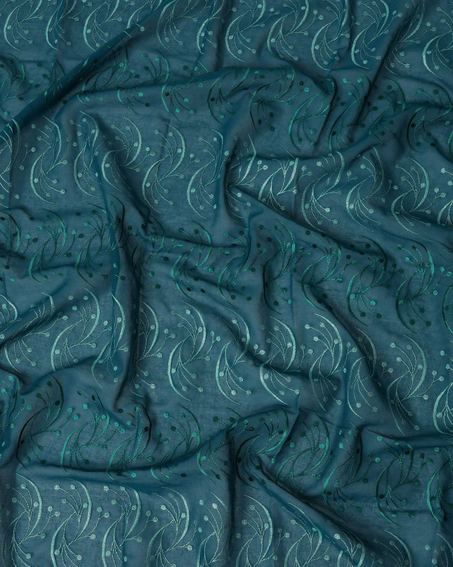 Teal Green Traditional Sudanese Thobe Fabric with Dual-Tone Green Embroidery, Pure Cotton Voile, 4.5 Mtrs Length, 140 Cms Width, Made in India-D26389