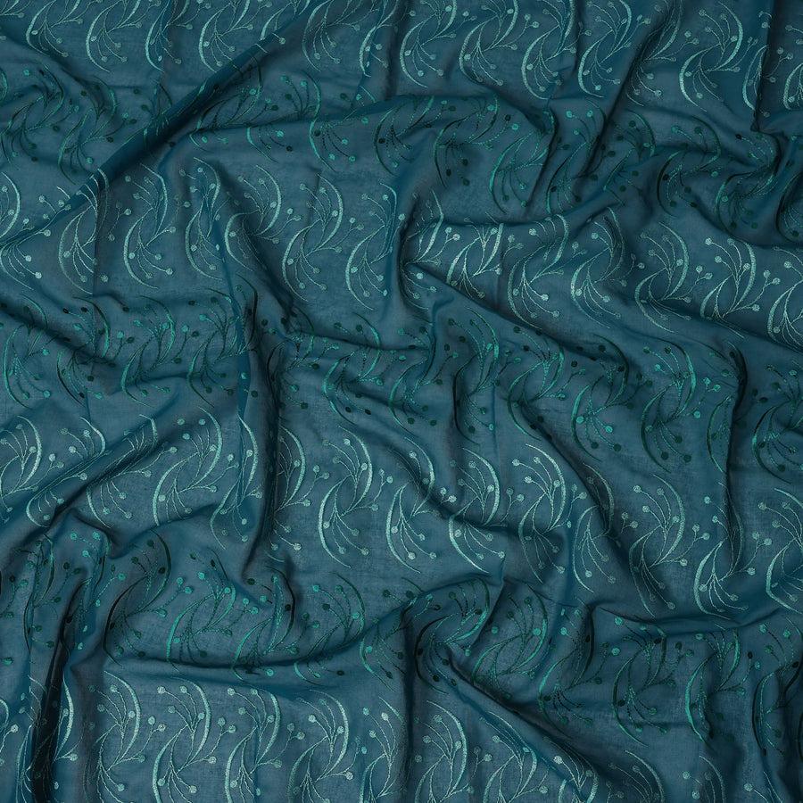 Teal Green Traditional Sudanese Thobe Fabric with Dual-Tone Green Embroidery, Pure Cotton Voile, 4.5 Mtrs Length, 140 Cms Width, Made in India-D26389