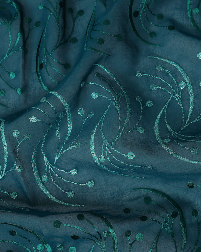 Teal Green Traditional Sudanese Thobe Fabric with Dual-Tone Green Embroidery, Pure Cotton Voile, 4.5 Mtrs Length, 140 Cms Width, Made in India-D26389
