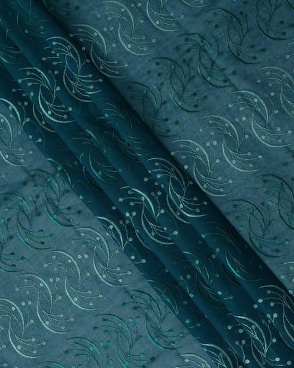 Teal Green Traditional Sudanese Thobe Fabric with Dual-Tone Green Embroidery, Pure Cotton Voile, 4.5 Mtrs Length, 140 Cms Width, Made in India-D26389