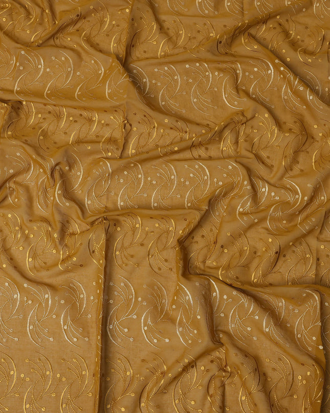 Mustard Brown Traditional Sudanese Thobe Fabric with Golden & Beige Embroidery, Pure Cotton Voile, 4.5 Mtrs Length, 140 Cms Width, Made in India-D26391