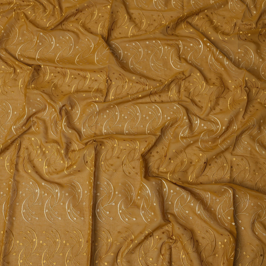 Mustard Brown Traditional Sudanese Thobe Fabric with Golden & Beige Embroidery, Pure Cotton Voile, 4.5 Mtrs Length, 140 Cms Width, Made in India-D26391