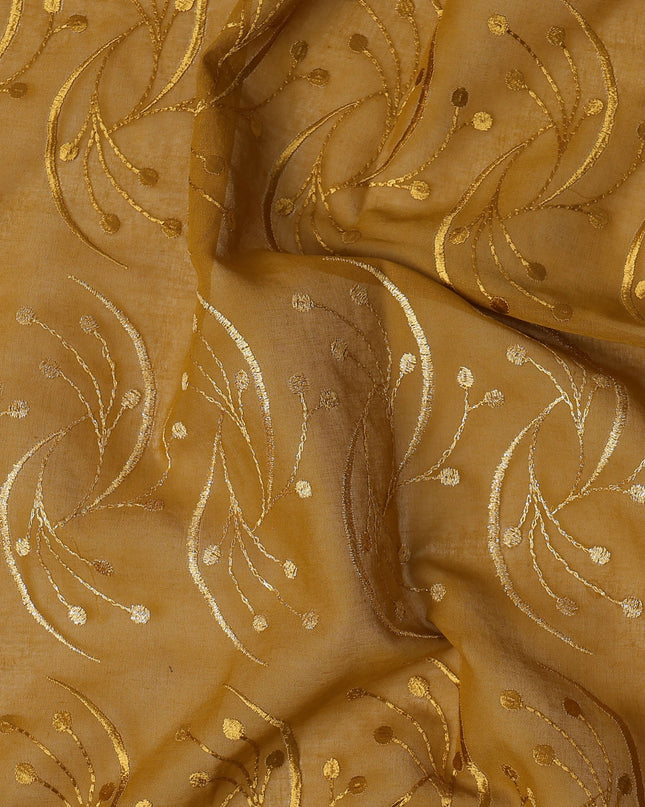 Mustard Brown Traditional Sudanese Thobe Fabric with Golden & Beige Embroidery, Pure Cotton Voile, 4.5 Mtrs Length, 140 Cms Width, Made in India-D26391