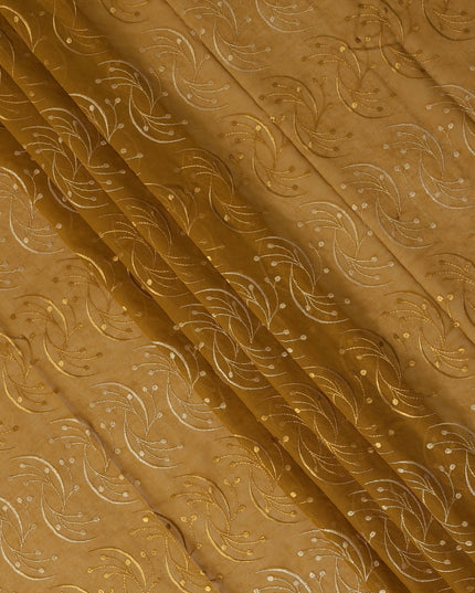 Mustard Brown Traditional Sudanese Thobe Fabric with Golden & Beige Embroidery, Pure Cotton Voile, 4.5 Mtrs Length, 140 Cms Width, Made in India-D26391