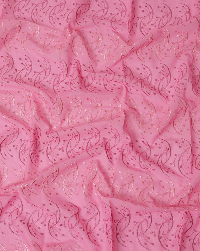 Baby Pink Traditional Sudanese Thobe Fabric with Rose Pink & Gold Embroidery, Pure Cotton Voile, 4.5 Mtrs Length, 140 Cms Width, Made in India-D26392