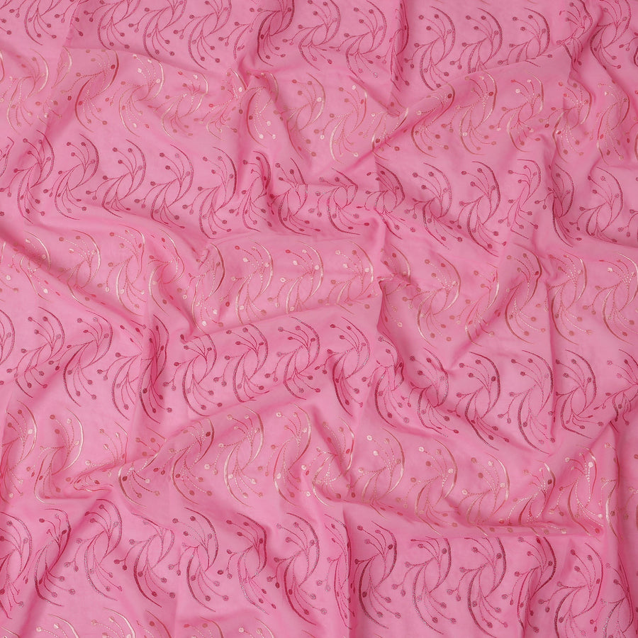 Baby Pink Traditional Sudanese Thobe Fabric with Rose Pink & Gold Embroidery, Pure Cotton Voile, 4.5 Mtrs Length, 140 Cms Width, Made in India-D26392