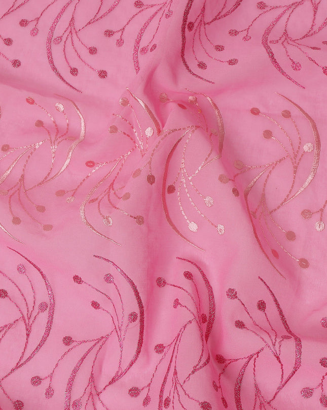 Baby Pink Traditional Sudanese Thobe Fabric with Rose Pink & Gold Embroidery, Pure Cotton Voile, 4.5 Mtrs Length, 140 Cms Width, Made in India-D26392