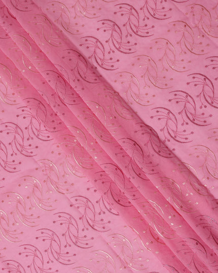 Baby Pink Traditional Sudanese Thobe Fabric with Rose Pink & Gold Embroidery, Pure Cotton Voile, 4.5 Mtrs Length, 140 Cms Width, Made in India-D26392