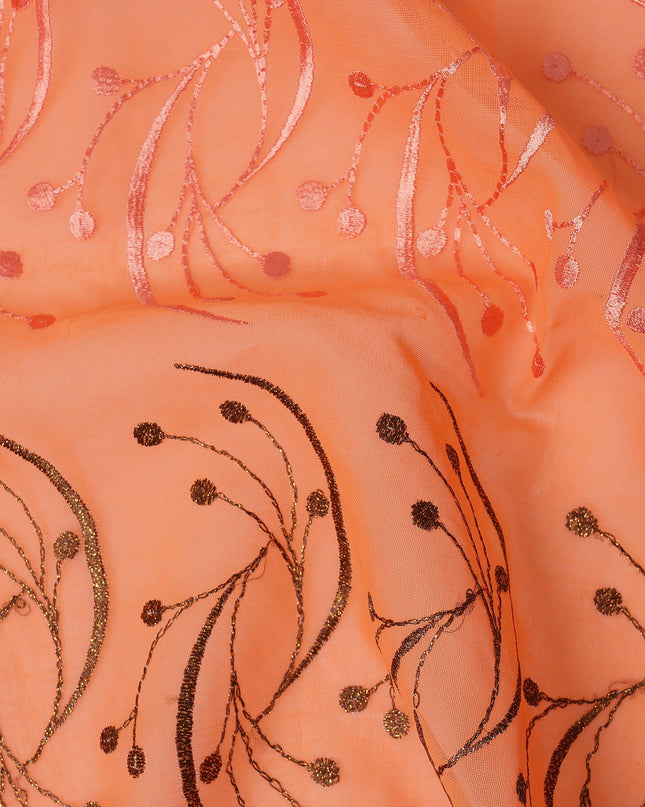 Peach Orange Traditional Sudanese Thobe Fabric with Brown & Peach Embroidery, Pure Cotton Voile, 4.5 Mtrs Length, 140 Cms Width, Made in India-D26390