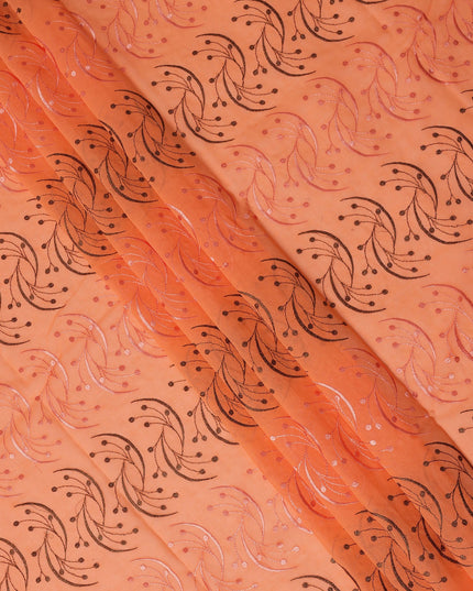 Peach Orange Traditional Sudanese Thobe Fabric with Brown & Peach Embroidery, Pure Cotton Voile, 4.5 Mtrs Length, 140 Cms Width, Made in India-D26390