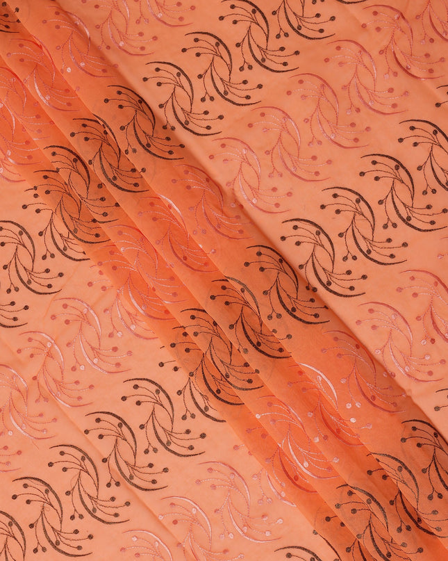 Peach Orange Traditional Sudanese Thobe Fabric with Brown & Peach Embroidery, Pure Cotton Voile, 4.5 Mtrs Length, 140 Cms Width, Made in India-D26390