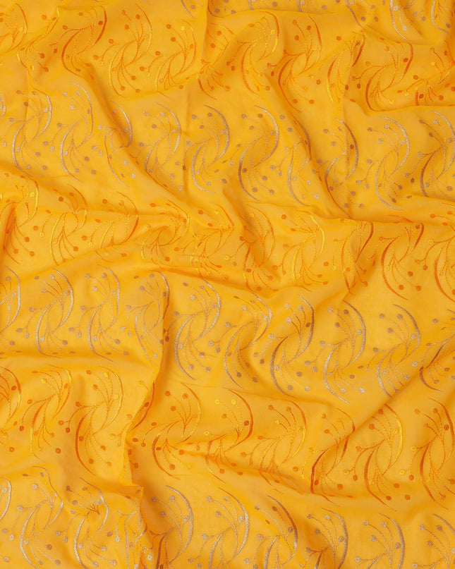 Bright Yellow Traditional Sudanese Thobe Fabric with Silver & Orange Embroidery, Pure Cotton Voile, 4.5 Mtrs Length, 140 Cms Width, Made in India-D26393