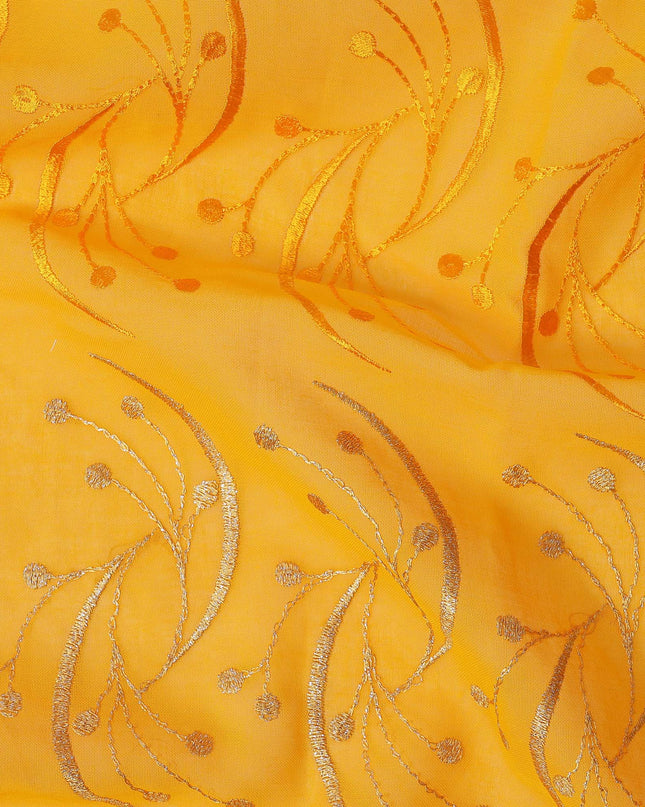 Bright Yellow Traditional Sudanese Thobe Fabric with Silver & Orange Embroidery, Pure Cotton Voile, 4.5 Mtrs Length, 140 Cms Width, Made in India-D26393
