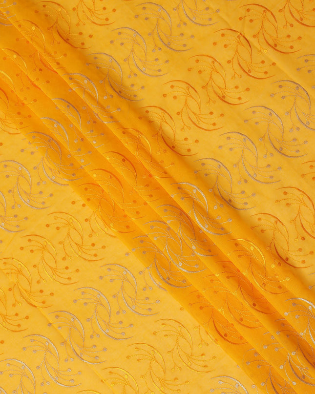Bright Yellow Traditional Sudanese Thobe Fabric with Silver & Orange Embroidery, Pure Cotton Voile, 4.5 Mtrs Length, 140 Cms Width, Made in India-D26393