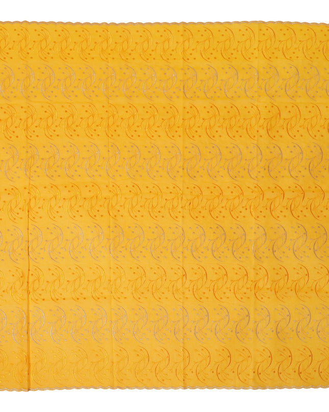 Bright Yellow Traditional Sudanese Thobe Fabric with Silver & Orange Embroidery, Pure Cotton Voile, 4.5 Mtrs Length, 140 Cms Width, Made in India-D26393