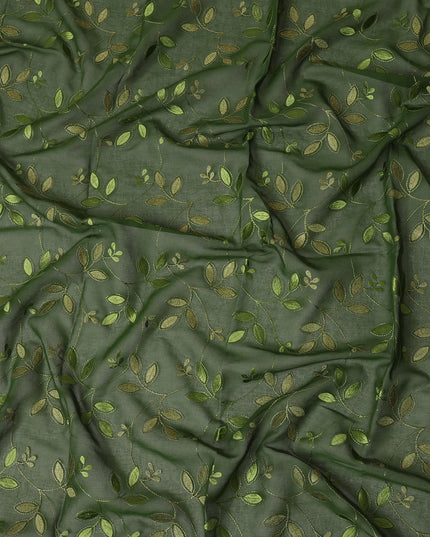 Olive Green Traditional Sudanese Thobe Fabric with Green & Gold Embroidery, Pure Cotton Voile, 4.5 Mtrs Length, 140 Cms Width, Made in India-D26387