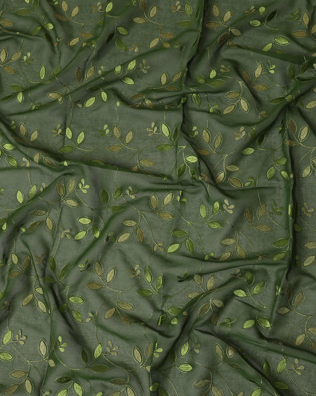 Olive Green Traditional Sudanese Thobe Fabric with Green & Gold Embroidery, Pure Cotton Voile, 4.5 Mtrs Length, 140 Cms Width, Made in India-D26387