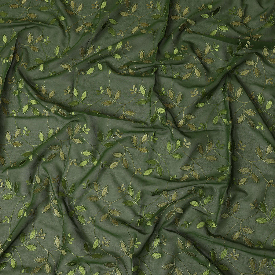 Olive Green Traditional Sudanese Thobe Fabric with Green & Gold Embroidery, Pure Cotton Voile, 4.5 Mtrs Length, 140 Cms Width, Made in India-D26387