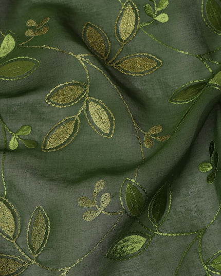 Olive Green Traditional Sudanese Thobe Fabric with Green & Gold Embroidery, Pure Cotton Voile, 4.5 Mtrs Length, 140 Cms Width, Made in India-D26387