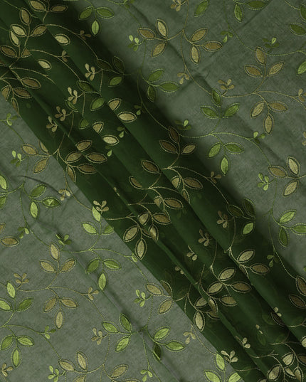 Olive Green Traditional Sudanese Thobe Fabric with Green & Gold Embroidery, Pure Cotton Voile, 4.5 Mtrs Length, 140 Cms Width, Made in India-D26387