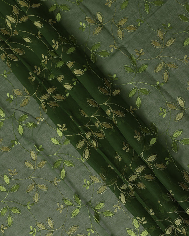 Olive Green Traditional Sudanese Thobe Fabric with Green & Gold Embroidery, Pure Cotton Voile, 4.5 Mtrs Length, 140 Cms Width, Made in India-D26387