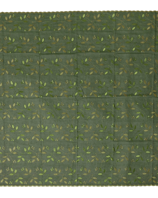 Olive Green Traditional Sudanese Thobe Fabric with Green & Gold Embroidery, Pure Cotton Voile, 4.5 Mtrs Length, 140 Cms Width, Made in India-D26387