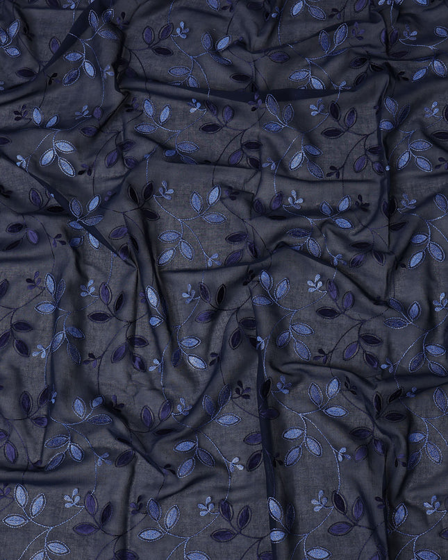 Navy Blue Traditional Sudanese Thobe Fabric with Dual-Tone Blue Embroidery, Pure Cotton Voile, 4.5 Mtrs Length, 140 Cms Width, Made in India-D26384 Regal Fabrics
