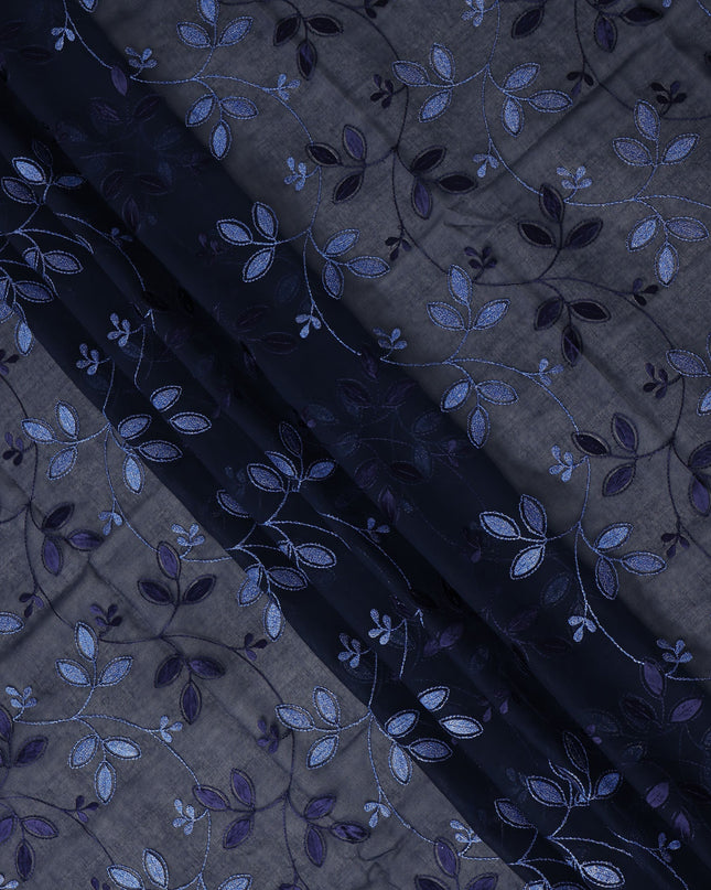 Navy Blue Traditional Sudanese Thobe Fabric with Dual-Tone Blue Embroidery, Pure Cotton Voile, 4.5 Mtrs Length, 140 Cms Width, Made in India-D26384 Regal Fabrics