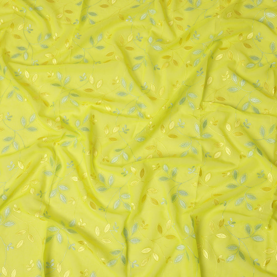 Lemon Yellow Traditional Sudanese Thobe Fabric with Gold & Silver Embroidery, Pure Cotton Voile, 4.5 Mtrs Length, 140 Cms Width, Made in India-D26388