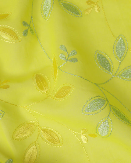Lemon Yellow Traditional Sudanese Thobe Fabric with Gold & Silver Embroidery, Pure Cotton Voile, 4.5 Mtrs Length, 140 Cms Width, Made in India-D26388