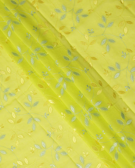 Lemon Yellow Traditional Sudanese Thobe Fabric with Gold & Silver Embroidery, Pure Cotton Voile, 4.5 Mtrs Length, 140 Cms Width, Made in India-D26388