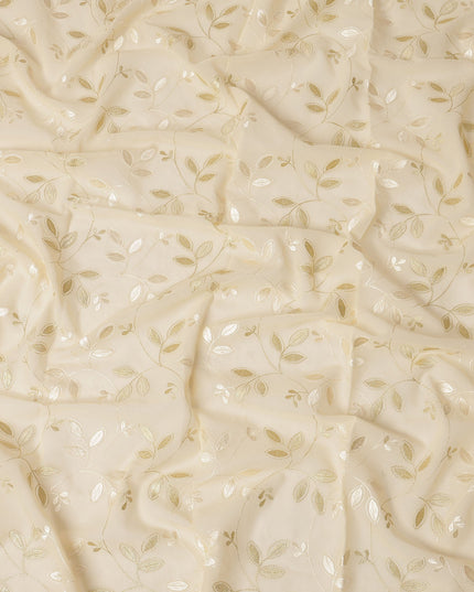 Cream Traditional Sudanese Thobe Fabric with Golden & Ivory Embroidery, Pure Cotton Voile, 4.5 Mtrs Length, 140 Cms Width, Made in India-D26386